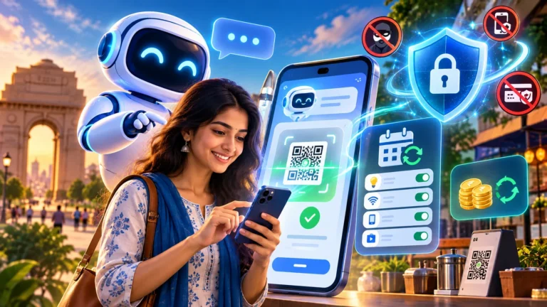 AI-generated illustration of a woman using secure UPI QR payments with an AI assistant and fraud protection