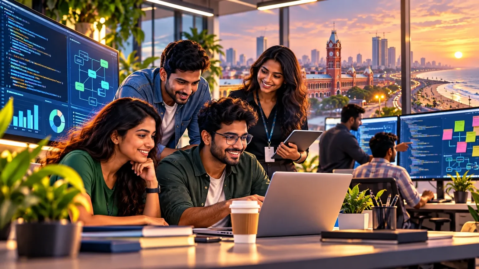 AI-generated illustration of a software development team collaborating in a modern Chennai technology office