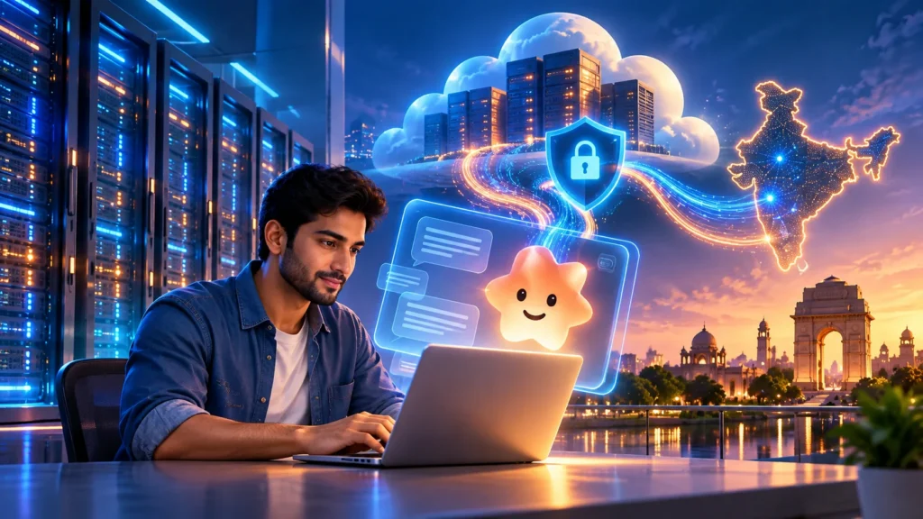 AI-generated illustration of secure cloud server infrastructure, AI assistant and India's data residency