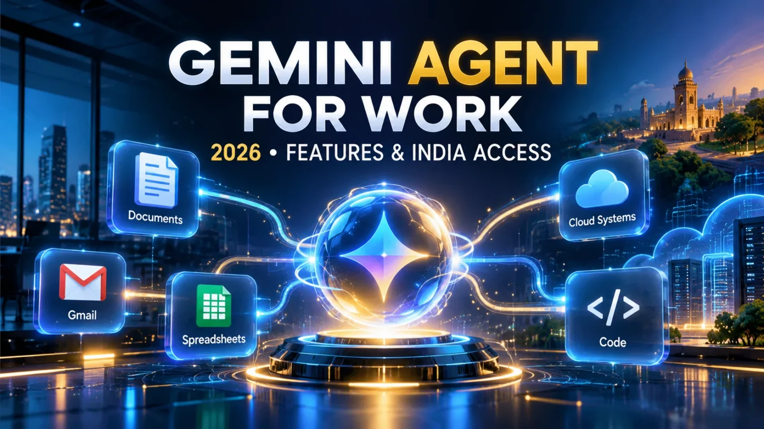 AI-generated cover illustrating Google's Gemini agent for work in India, with connected enterprise applications and intelligent automation