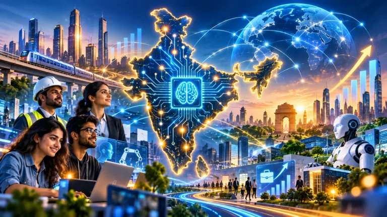 AI-generated illustration of India's artificial intelligence readiness, technology innovation, future jobs and digital infrastructure